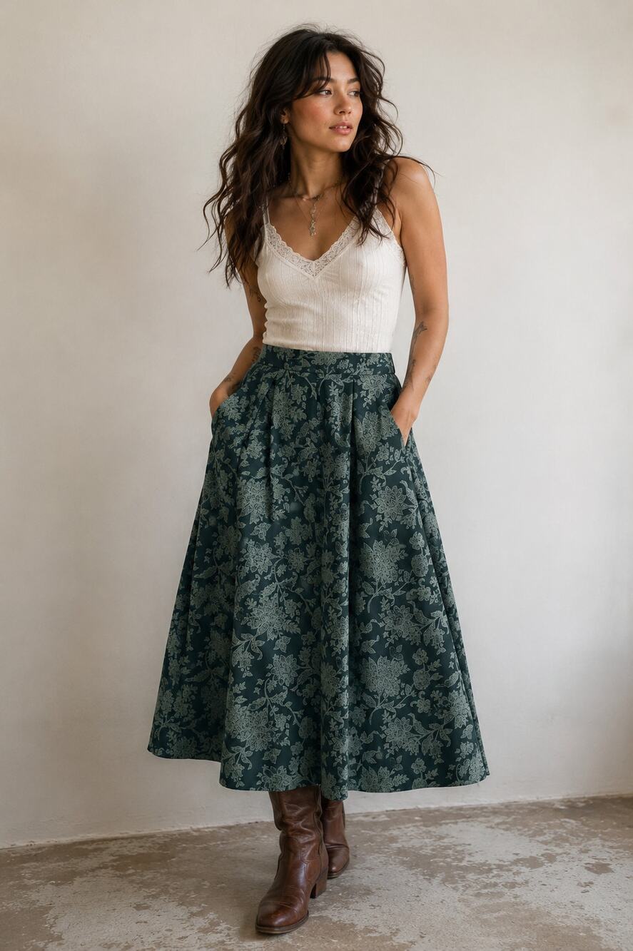 Vintage 80s 90s Koret Forest Green Floral Midi Skirt M Prairecore Cottagecore